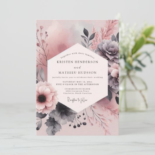 Dusty Rose Charcoal Bloom Wedding Kaart (Staand voorkant)