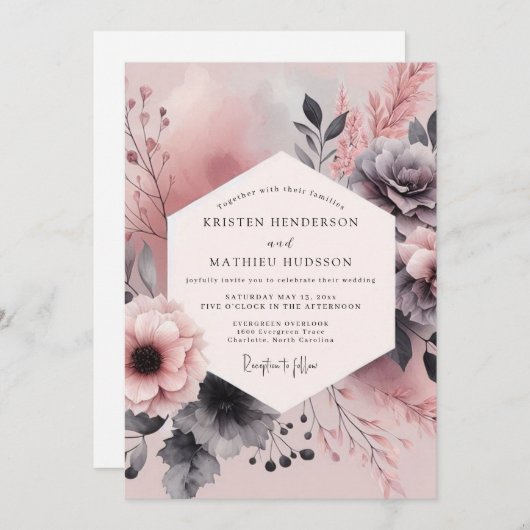 Dusty Rose Charcoal Bloom Wedding Kaart (Voorkant / Achterkant)
