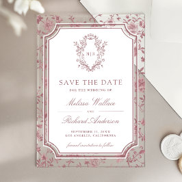 Dusty Rose Chinoiserie Crest Wedding Save the Date Acryl Uitnodigingen