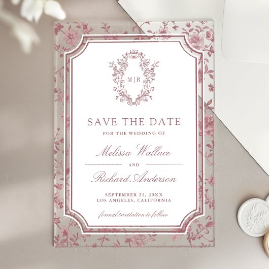 Dusty Rose Chinoiserie Crest Wedding Save the Date Acryl Uitnodigingen