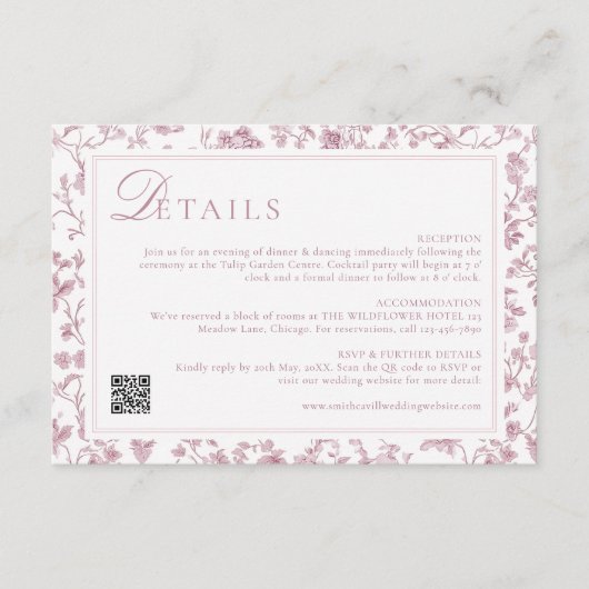 Dusty Rose Chinoiserie Wedding Details Informatiekaartje (Voorkant)