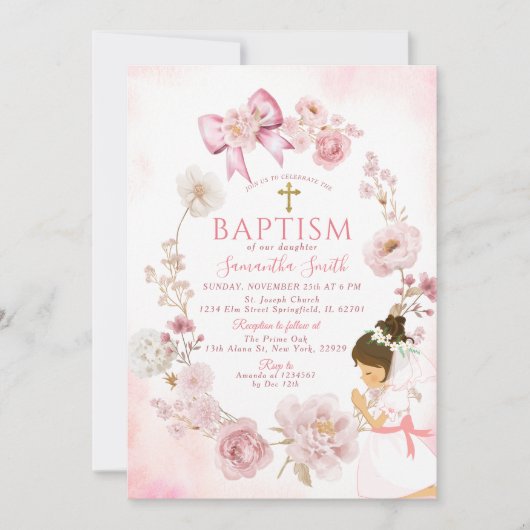 Dusty Rose Dreamy Floral Frame Cross Baptism Kaart (Voorkant)