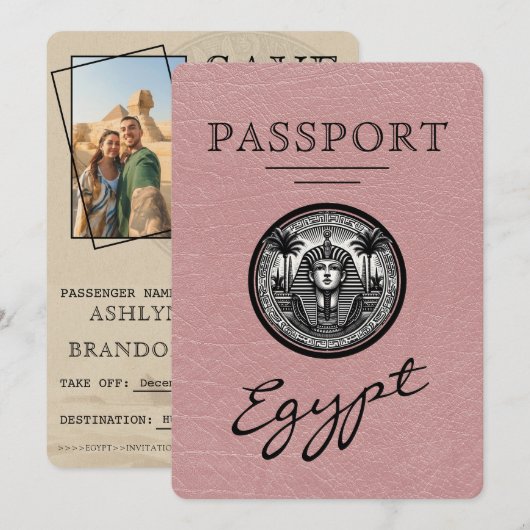 Dusty Rose Egypt Passport Wedding Save the Date (Voorkant / Achterkant)