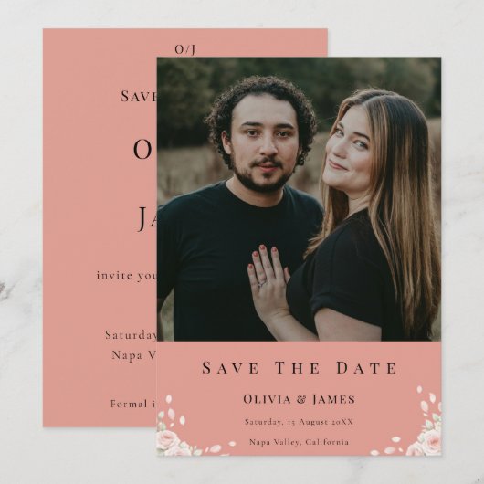 Dusty Rose Elegant Cute Photo Whispered Petals Save The Date (Voorkant / Achterkant)