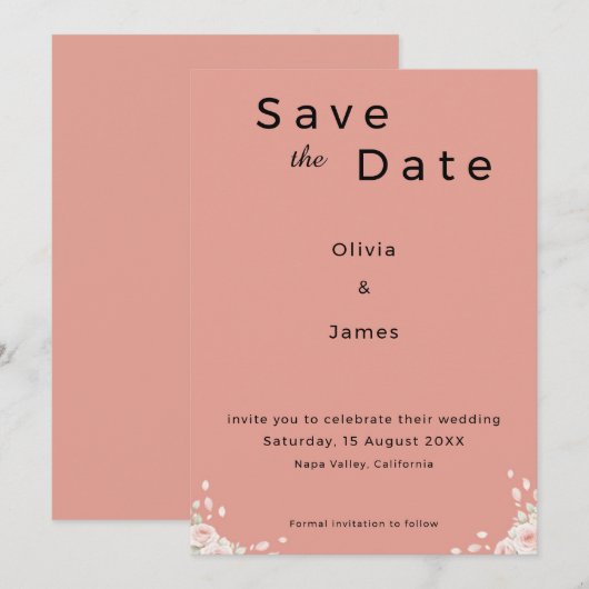 Dusty Rose Elegant Minimalist Whispered Petals Save The Date (Voorkant / Achterkant)