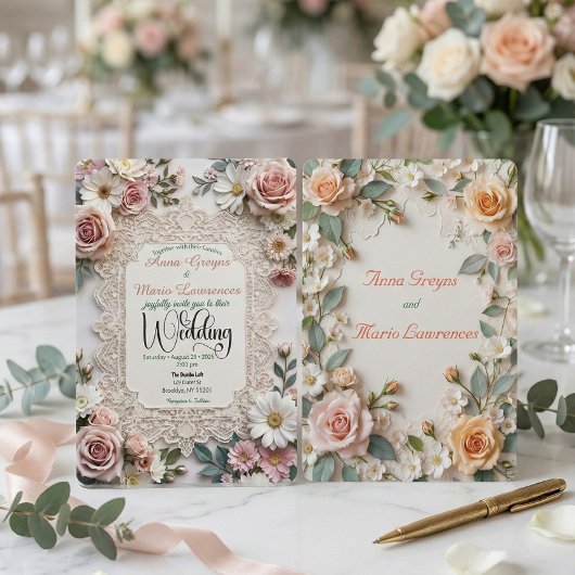 Dusty Rose Floral Faux Lace Photo Wedding Kaart