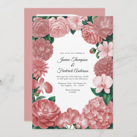 Dusty Rose Floral Photo and QR Code Wedding Kaart (Voorkant / Achterkant)