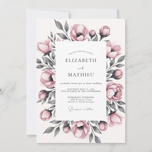 Dusty Rose Floral Romantic Wedding Kaart (Voorkant)