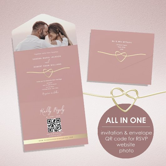 Dusty Rose Gold Heart Photo Wedding All In One Uitnodiging