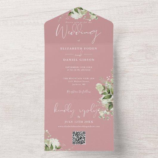 Dusty Rose Groene QR-code Monogram Bruiloft All In One Uitnodiging (Binnen)