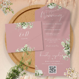 Dusty Rose Groene QR-code Monogram Bruiloft All In One Uitnodiging