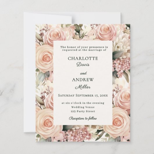 Dusty rose mauve ivory florals wedding invitation (Voorkant)