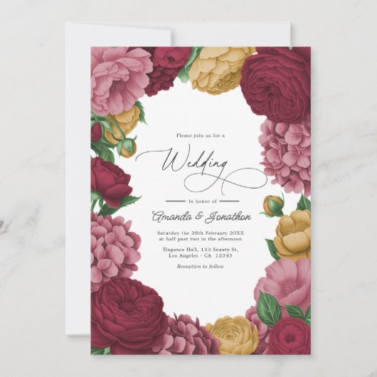 Dusty Rose, Merlot & Antique Gold Floral Wedding Kaart (Voorkant)