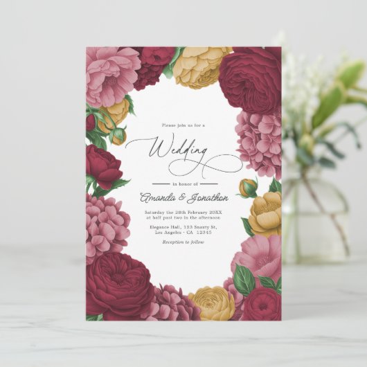 Dusty Rose, Merlot & Antique Gold Floral Wedding Kaart (Staand voorkant)