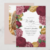 Dusty Rose, Merlot & Antique Gold Floral Wedding Kaart (Voorkant / Achterkant)