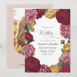 Dusty Rose, Merlot & Antique Gold Floral Wedding Kaart