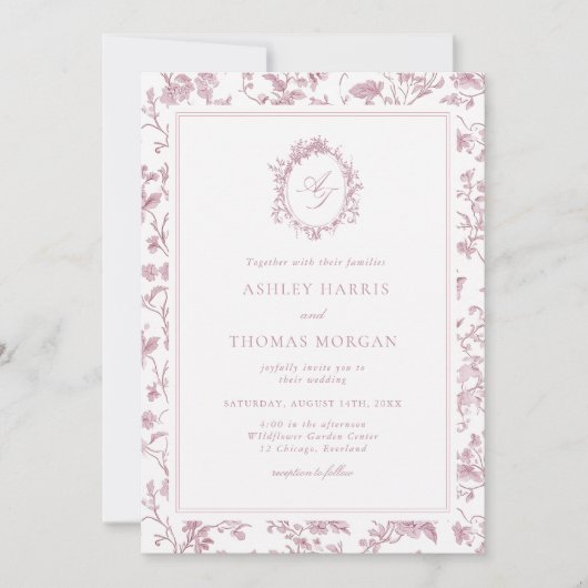 Dusty Rose Monogram Chinoiserie Wedding Kaart (Voorkant)