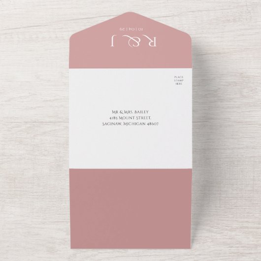 Dusty Rose Monogram QR-code trouwdatum All In One Uitnodiging (Buitenkant)