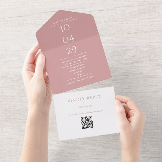 Dusty Rose Monogram QR-code trouwdatum All In One Uitnodiging (Afscheurbaar)