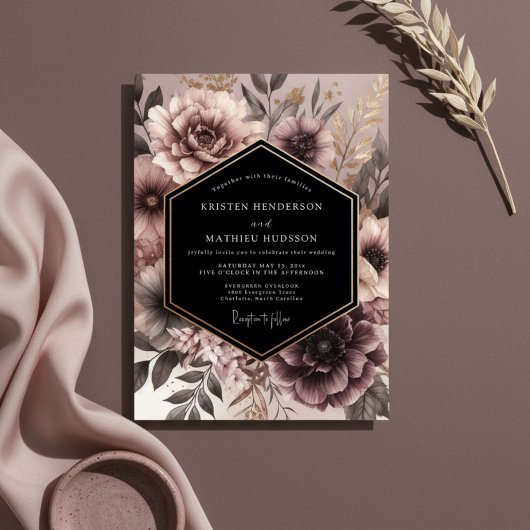 Dusty Rose Moody Floral Opulent Wedding Kaart