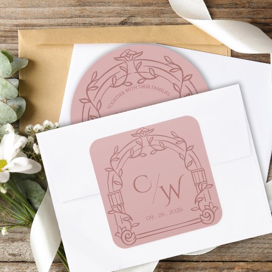 Dusty Rose Ornate Arch Botanical Wedding Envelope Vierkante Sticker