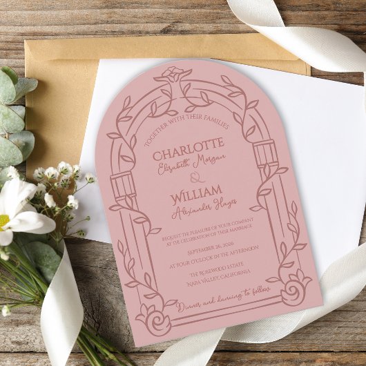 Dusty Rose Ornate Arch Botanical Wedding Kaart