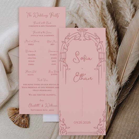 Dusty Rose Ornate Arch Botanical Wedding Program Kaart