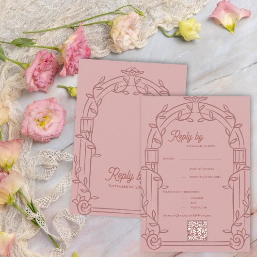Dusty Rose Ornate Arch Botanical Wedding Reply By RSVP Kaartje