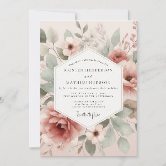 Dusty Rose Painterly Flora Wedding Kaart (Voorkant)