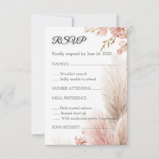 Dusty rose pampas grass RSVP card invitation Kaart (Voorkant)