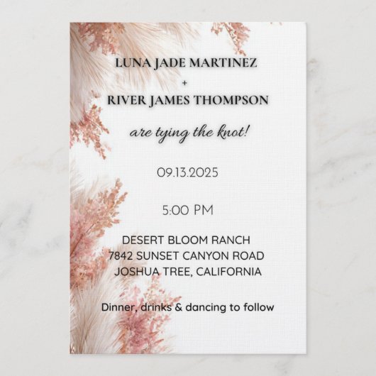 Dusty Rose Pampas Grass Wedding Invitation Kaart (Voorkant)