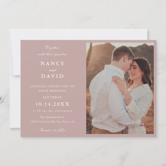 Dusty Rose Photo Wedding  Invitation Kaart (Voorkant)