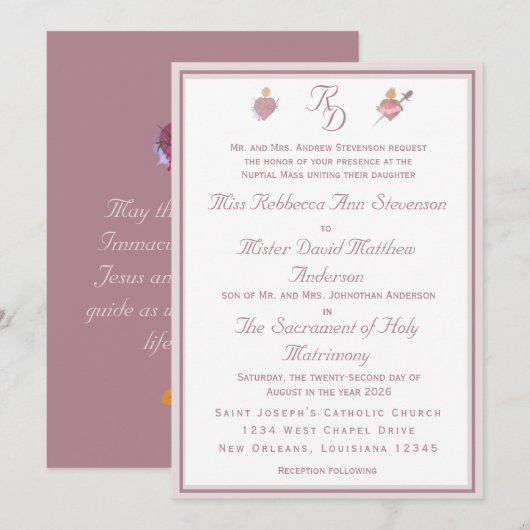 Dusty Rose Two Hearts Catholic Wedding Invitation Kaart (Voorkant / Achterkant)