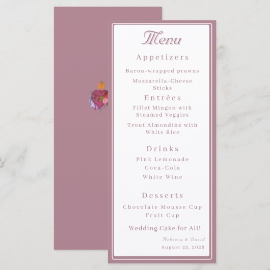 Dusty Rose Two Hearts Catholic Wedding Menu (Voorkant / Achterkant)