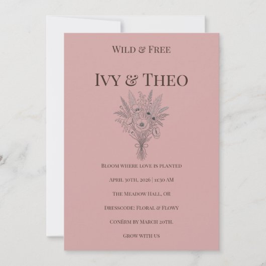 Dusty Rose Wedding Invitation Wildflower Boho Kaart (Voorkant)