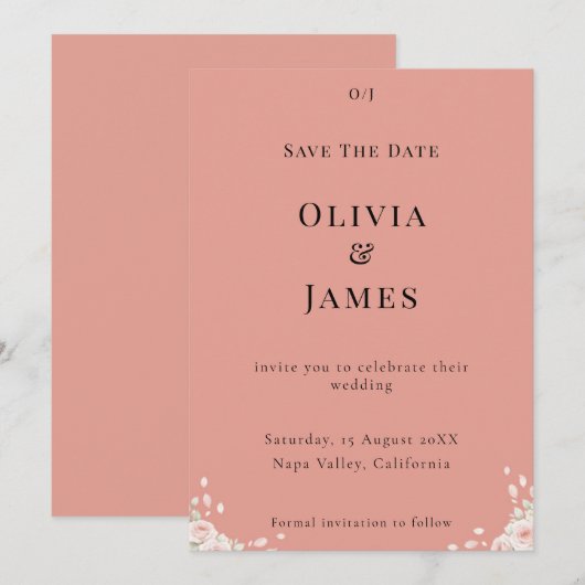 Dusty Rose Whispered Petals Minimalist Elegant Save The Date (Voorkant / Achterkant)