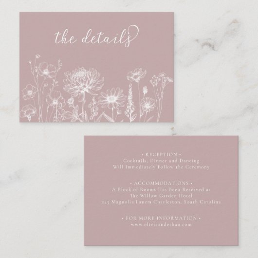 Dusty Rose Wildflower Details Card Wedding Insert Informatiekaartje (Voorkant / Achterkant)