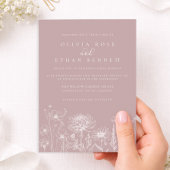 Dusty Rose Wildflower Line Art Wedding Invite Kaart