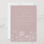 Dusty Rose Wildflower Line Art Wedding Invite Kaart (Voorkant)