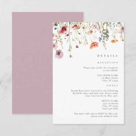 Dusty Rose Wildflower Wedding Details Informatiekaartje (Voorkant / Achterkant)