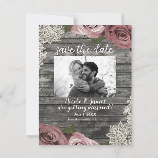 Dusty Roses & Cream Lace Grey Save the Date Kaart (Voorkant)