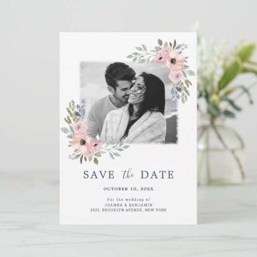 Dusty Roses Midzomer Floral Save the Date (Staand voorkant)