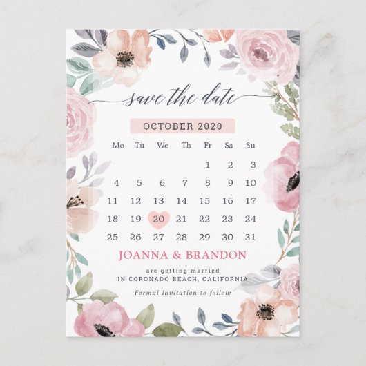 Dusty Roses Midzomer Floral Save the Date Aankondigingskaart (Voorkant)