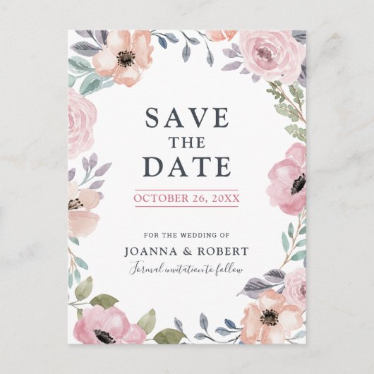 Dusty Roses Midzomer Floral Save the Date Aankondigingskaart (Voorkant)