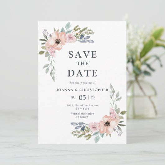 Dusty Roses Midzomer Floral Save the Date Kaart (Staand voorkant)
