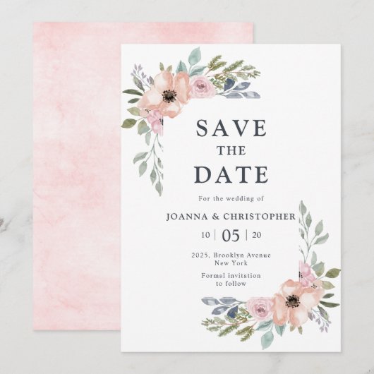 Dusty Roses Midzomer Floral Save the Date Kaart (Voorkant / Achterkant)