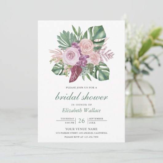 Dusty Roses Tropical Monstera Vrijgezellenfeest Kaart (Staand voorkant)