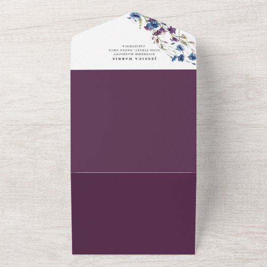 Dusty Royal Blue Paarse Bllom bruiloft All In One Uitnodiging (Buitenkant)