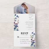 Dusty Royal Blue Paarse Bllom bruiloft All In One Uitnodiging (Binnen)