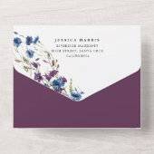 Dusty Royal Blue Paarse Bllom bruiloft All In One Uitnodiging (Achterkant)